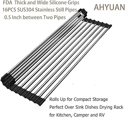Roll up Dish Drying Rack Over The Sink Kitchen Roll up Sink Drying Rack Portable Dish Drainer Foldable Dish Drying Rack (Black, (47 * 30) CM)