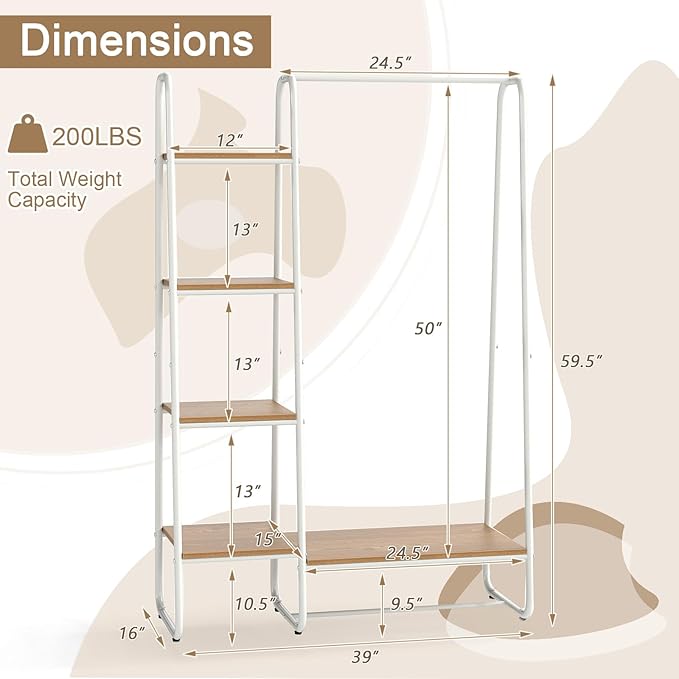 COSTWAY Clothes Rack with Shelves, Heavy Duty Garment Rack with Hanging Rod, 5-tier Shelves, Adjustable Foot Pads, Closet Organizer, Freestanding Wardrobe Clothing Racks for Hanging Clothes (White)