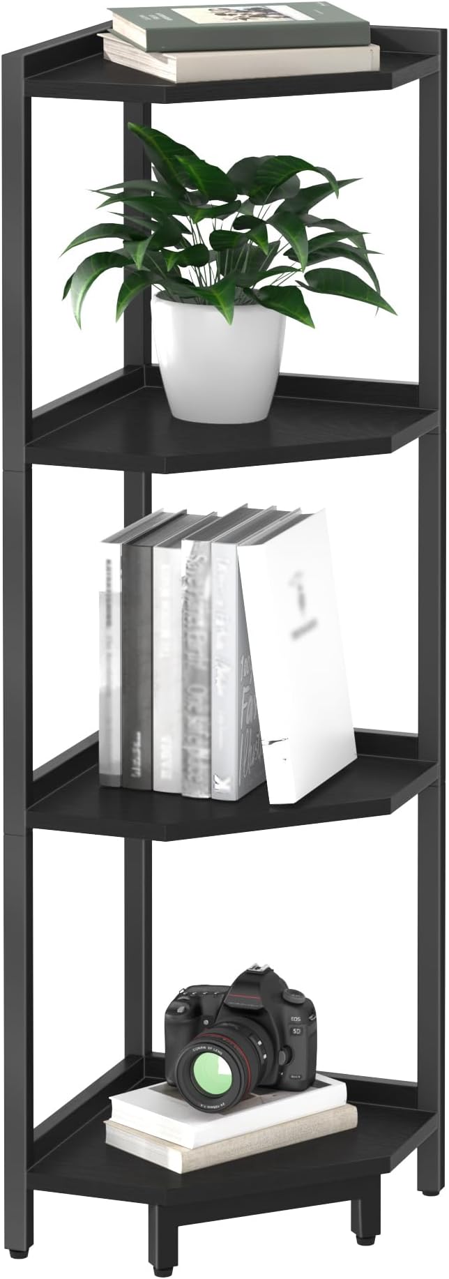 Corner Shelf Stand, Corner Bookshelf, Storage Standing Shelf Unit with Metal Frame, Plant Stand, Corner Bookcase for Living Room, Home Office, Bedroom, 4-Tier Black CS05806B