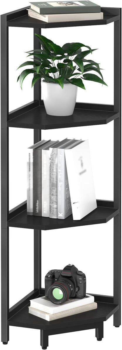 Corner Shelf Stand, Corner Bookshelf, Storage Standing Shelf Unit with Metal Frame, Plant Stand, Corner Bookcase for Living Room, Home Office, Bedroom, 4-Tier Black CS05806B