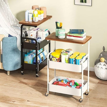 3Tier Rolling Cart - Metal Utility Cart with Wheels, Heavy Duty Mesh Rolling Storage Cart Organizer for Kitchen Office Bedroom Living Room Table (White)