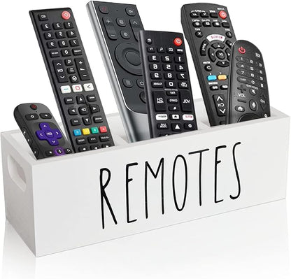 CHONIC Remote Control Holder, Farmhouse Remote Storage Caddy, Bedside TV Controller Box, Rustic Wood Media Organizer Tray for Home Bedroom Table (White)