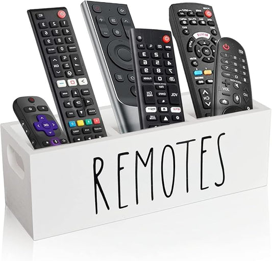 CHONIC Remote Control Holder, Farmhouse Remote Storage Caddy, Bedside TV Controller Box, Rustic Wood Media Organizer Tray for Home Bedroom Table (White)