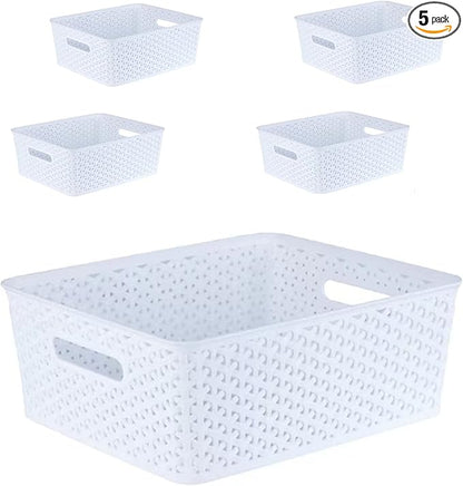 5PCS Plastic Storage Baskets, Small Baskets for Organizing, Small Pantry Organizer Basket Bins. For Countertops, Cabinets, Bedrooms, and Bathrooms Wait (White)