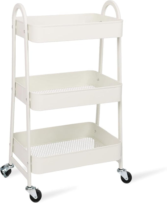 Rolling Storage Cart, 3 Tier Shelf Utility Carts Snack White Craft Carts with Mesh Baskets Bathroom Storage Cart with Wheels for Office, Classroom, Kitchen, 16.9x12.2x30.9 Inch