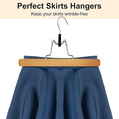 AMKUFO 20 Pack Natural Wooden Pants Hangers with Clips Non Slip Skirt Hangers Trouser Clamp Hanger Solid Wood Hanger with 360° Swivel Hook
