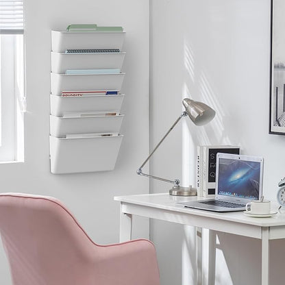 Clear Acrylic Single Pocket, Plastic Hanging Wall Mount File Holder for Office Home (White, 4 Pack)