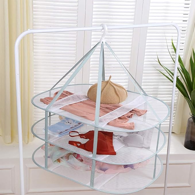 3 Tier Folding Drying Rack, 10Lb Capacity Space Saving Hanging Dryer with Fixing Band, Stackable Sweater Laundry Rack for Clothes, T-Shirt, Towels, Underwear, Indoor Outdoor Use, 31inch
