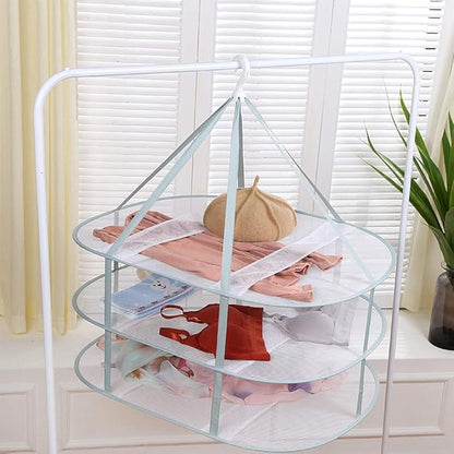 3 Tier Folding Drying Rack, 10Lb Capacity Space Saving Hanging Dryer with Fixing Band, Stackable Sweater Laundry Rack for Clothes, T-Shirt, Towels, Underwear, Indoor Outdoor Use, 31inch