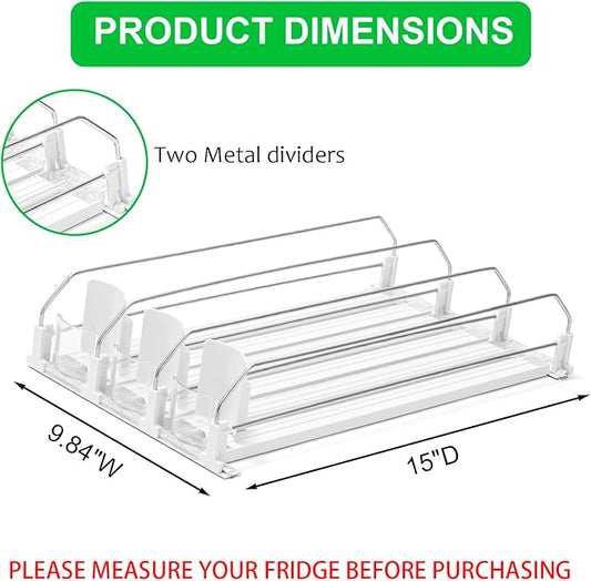 Rula Drink Organizer for Fridge, Width Adjustable Water Bottle Pusher Glide, Self-Pushing Soda Can Dispenser for Refrigerator - Holds up to 15 Cans (15"D, 3 Rows)