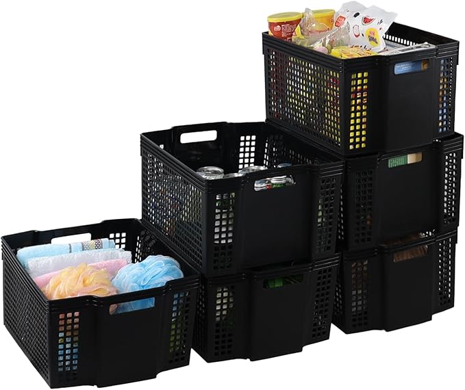 6-Pack Black Plastic Storage Baskets, Large Stackable Organizer Basket