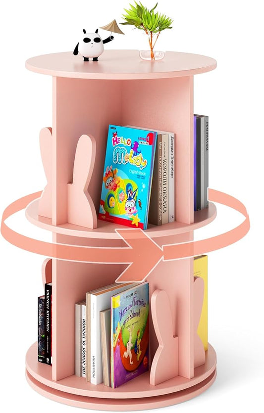 Costzon Kids Rotating Bookshelf, 2 Tier Small Book Shelf with Bookends, 360° Display Spinning Bookshelf Tower, Corner Bookshelf for Small Space, Kids Room, Bedroom, Nursery (Pink)