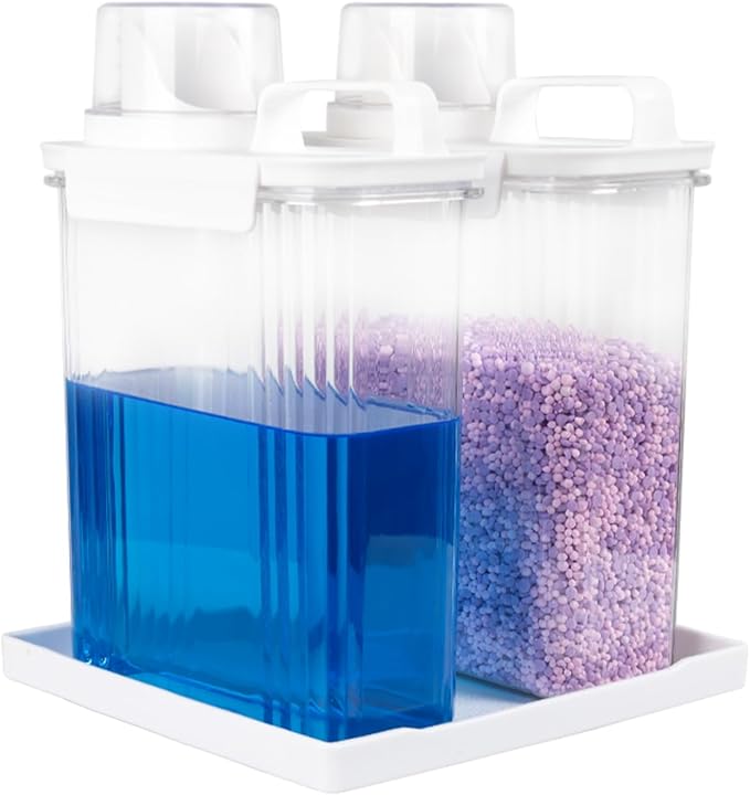 68oz Laundry Detergent Container, 2 Pack Plastic Liquid Detergent Dispenser for Laundry Room Powder,Soap,Fabric Softener, Scent Beads Storage and Organization,with 5 Labels,1 Tray.(2, 68oz)
