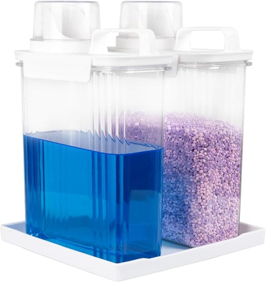 68oz Laundry Detergent Container, 2 Pack Plastic Liquid Detergent Dispenser for Laundry Room Powder,Soap,Fabric Softener, Scent Beads Storage and Organization,with 5 Labels,1 Tray.(2, 68oz)