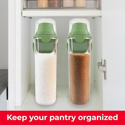 Two Pack Food & Cereal Storage Container - 2.6L Airtight Plastic Kitchen Organizer Bin with Pouring Spout, Measuring Cup Lid, Ideal for Dry Food, Rice, Sugar, Pet Food dispenser - BPA free (Green)