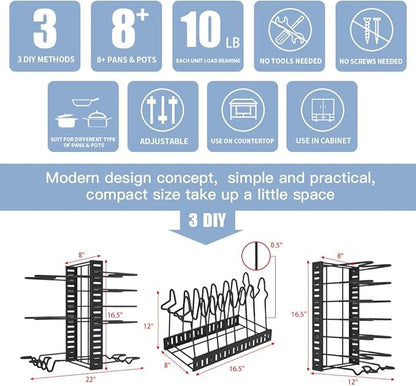 Felibeaco Adjustable Pots and Pans Organizer Rack for Cabinet, Metal Pans Pots Lids Storage Holder Rack with 3 DIY Methods for Kitchen, Counter,Black
