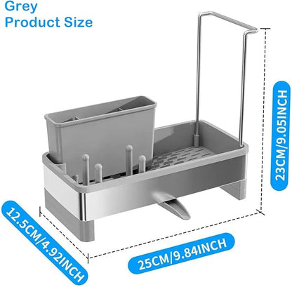 SOVGIZF Sponge Holder for Kitchen Sink,Sink Caddy Organizer with Removable Brush Holder,Kitchen Countertop Soap Dispenser Storage with Detachable Towel Rack, Grey