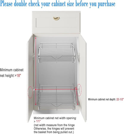 DINDON 2 Tier Pull Out Cabinet Organizer (11"W X 21"D), Double Tier Wire Basket Slide Out Shelf Storage for Kitchen Base Cabinet Organization for Kitchen, Pantry, Bathroom, Chrome