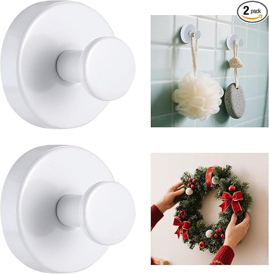 HESUSLA Suction Cup Hooks for Wreaths on Glass,2025 New Model No-Drill Suction Cup Hooks,Wreath Hangers for Front Doors,Metal Towel Hooks for Showers Bathrooms Mirrors(2 Pack,White)