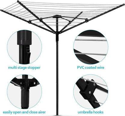 Nisorpa Rotary Outdoor Umbrella Drying Rack Adjustable Height Clothesline w/Waterproof Protective Cover Folding Rotary Dryer with 4-Aluminum Arms and Steel Post 12-Lines with 165 ft Clothesline