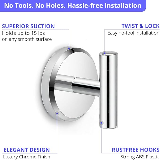 HOME SO Suction Cup Hooks T Shape (2 or 4 Pack) (Chrome, 2, Count)