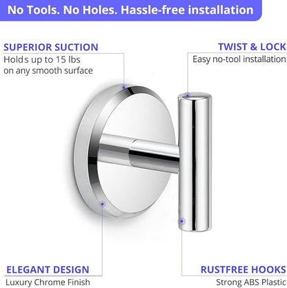 HOME SO Suction Cup Hooks T Shape (2 or 4 Pack) (Chrome, 2, Count)