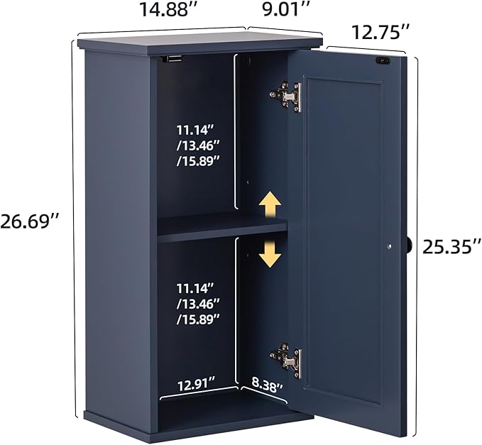 OONNEE Over The Toilet Storage Cabinet, Above Toilet Organizer with Rattan Door, Modern Blue Finish, 13x25 inch Space Saving Bathroom Medicine Cabinet