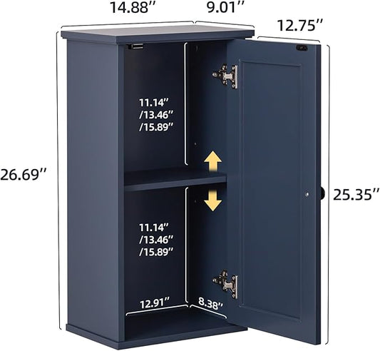 OONNEE Over The Toilet Storage Cabinet, Above Toilet Organizer with Rattan Door, Modern Blue Finish, 13x25 inch Space Saving Bathroom Medicine Cabinet