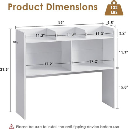 Desktop Bookshelf, Wooden Desk Storage Hutch with 5 Shelves, 3-Tier Desktop Display Organizer Rack for Office Home (White, 5 Shelves B)