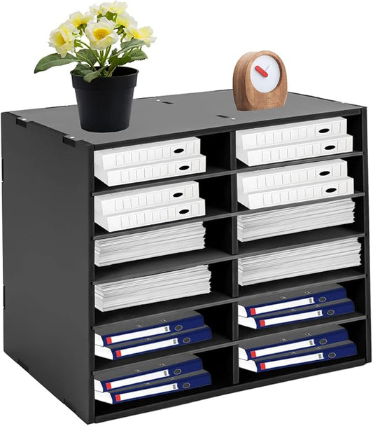12 Slots Mail Sorters for Office, PVC Literature Organizer with Removable Shelves, Desktop Mail Center Paper Storage Cabinet for Files Magazines Documents, 8.9 * 2.3in Each Slot (12 Slots - Black)
