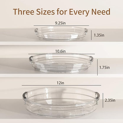 KEGFRE 3 Pack Lazy Susan Organizer, Rotating Turntable Spice Rack for Kitchen Storage, Pantry, Cabinet, Fridge & Countertop, Condiment & Seasoning Holder, 9.25", 10.6", 12", Clear
