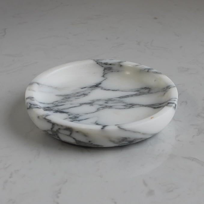 Nawgnail Natural Travertine Marble Jewelry Dish 5.5",Trinket Dish for Ring Earring, Gift for Woman Daugther(Arabescato Calacatta)