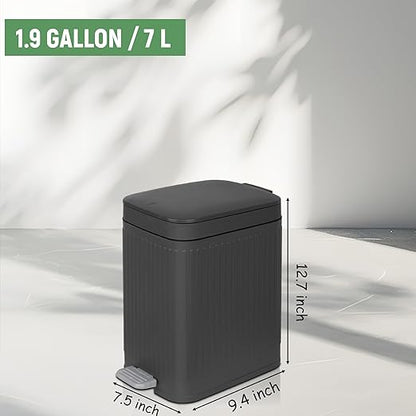 rejomiik Small Bathroom Trash Can with Lid Slim Soft Close Garbage Can Step Wastebasket Container Trash Bin for Office Bedroom Kitchen Living Room (1.9 Gallon Dark Gray)