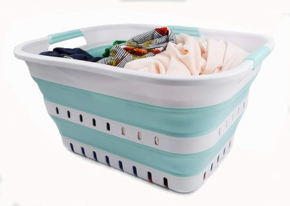 SAMMART 30L (8 Gallon) Collapsible 3 Handled Plastic Laundry Basket - Foldable Pop Up Storage Container/Organizer - Space Saving Hamper/Basket (White/Lake Green)