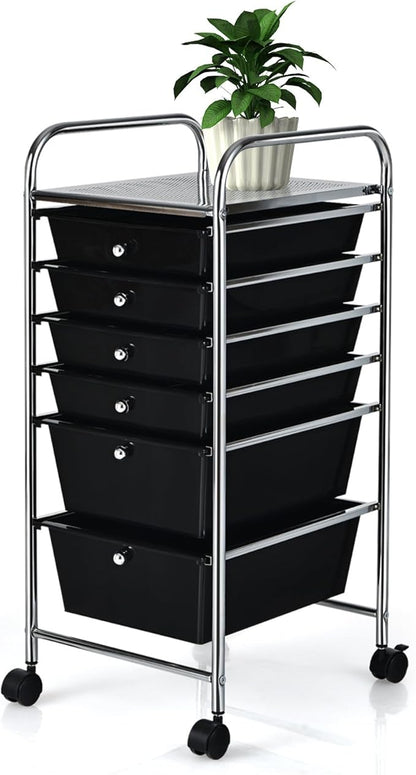 Happygrill 6-Drawer Organizer Cart Tools, Mobile Utility Storage Cart with Removable Drawers & Lockable Wheels, Rolling Storage Cart with Wheels for Home Office,Black