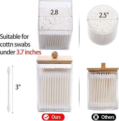 Tbestmax 12 OZ Cotton Swab/Ball/Pad Holder, Qtip Apothecary Jar, Clear Bathroom Containers Dispenser for Storage 4 Pack Wood Lids