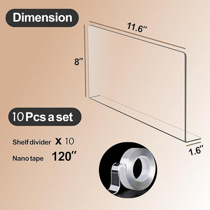 10 Pack Clear Acrylic Shelf dividers, Vertical Purse Organizer for Closet Perfect for Sweater, Shirts, Handbags in Bedroom and Kitchen, Adjustable Acrylic Bookshelf