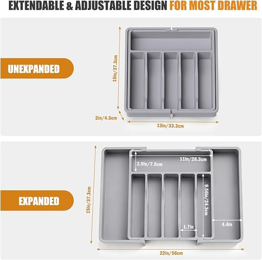 2 PCS Large Expandable Silverware Organizer for Drawer, Utensil Drawer Organizer Holder with 2 Removable Blocks, Adjustable Cutlery Tray Flatware Storage Box for Spoons Forks Knives Tools, 6-8 Slots