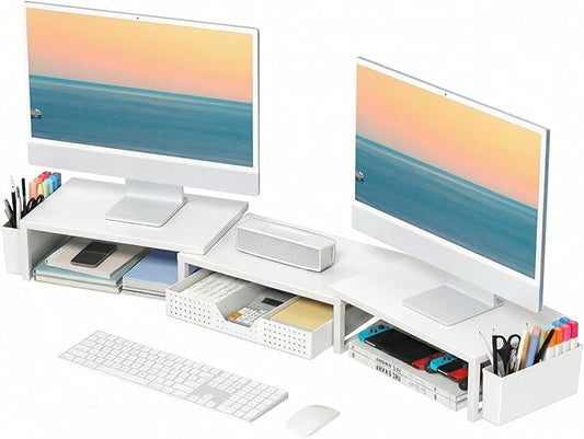 OPNICE White Dual Monitor Stand Riser, Metal Desk Organizers and Accessories with Drawer and 2 Pen Holders, Computer Monitor Stand for Desk