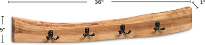 Alpine Natural Live Edge Wood 36-Inch Coat Rack – Wall-Mounted with 4 Durable Black Metal Hooks and Clear Finish for Entryway, Hallway, or Mudroom by Alaterre Furniture