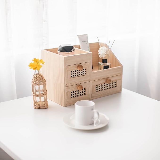 GYASVWU Bamboo Desk Organizer-No Assembly Required,Mini Bamboo Desk Drawer Organizer,Tabletop Storage Box for Office/kitchen counter/Bedroom, No Assembly Required (3 Drawer with Shelf)