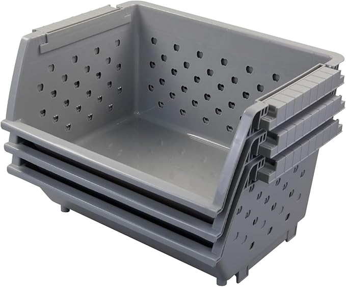 3-Pack Plastic Stacking Organizer Basket, Kitchen Stackable Storage Baskets
