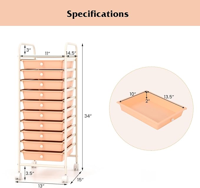 MAT EXPERT 10 Drawer Rolling Storage Cart, Multipurpose Utility Cart w/Plastic Drawers & Universal Casters, 10 Tier Mobile Storage Organizer Cart for Office Home Classroom Beauty Salon