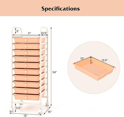 MAT EXPERT 10 Drawer Rolling Storage Cart, Multipurpose Utility Cart w/Plastic Drawers & Universal Casters, 10 Tier Mobile Storage Organizer Cart for Office Home Classroom Beauty Salon