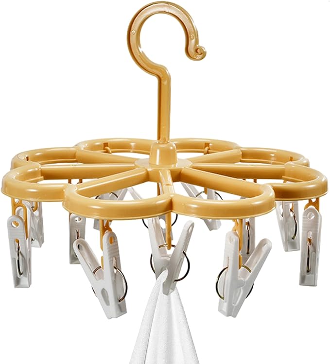Laundry Drying Rack - 12 Clip Drying Hanger for Clothes | Foldable Drying Rack | 360° Rotation Laundry Clip and Drip Drying Hanger for Socks, Bras, Lingerie, Clothes, Sturdy, White