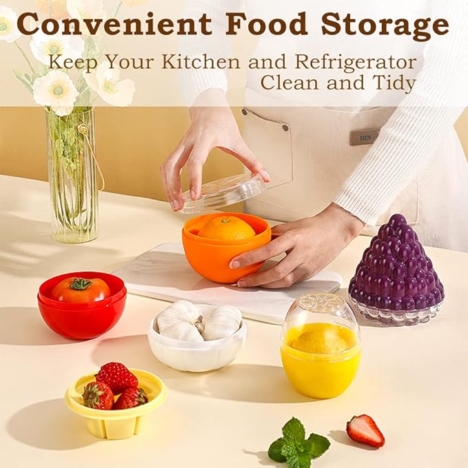 HMIEPRS 6 PCS Fruit and Vegetable Storage Containers, Reusable Storage Keeper, Lemon Orange Avocado Onion Garlic Tomato Shaped Saver Holder for Fridge, Refrigerator Crisper for Fruit and Vegetable