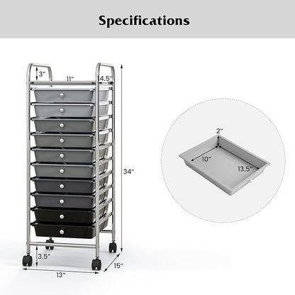 Giantex 10-Drawer Storage Cart w/Universal Wheel, Rolling Cart w/Handle, Home Organizer Storage Unit w/Removable Drawers, Trolley Utility Cart for Kitchen Makeup Living Room Office Play Room