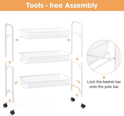TOOLF 3-Tier Metal Rolling Cart, Mesh Wire Easy Assemble Utility Cart, Storage Trolley on Wheels with 3 Hooks, MetalStorage Shelving Units for Kitchen Bathroom Laundry Room