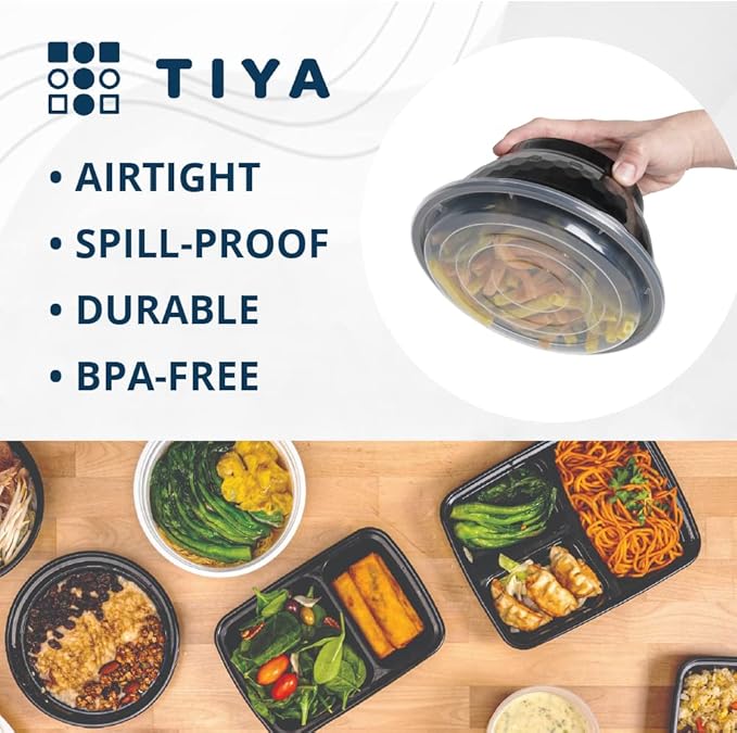 TIYA Food Containers - 50 oz Bulk 120 Pack with Lids - Plastic Bowl To-Go Containers - Reusable, Microwavable, Dishwasher Safe - Leak-Resistant for Soups & Meal Prep - BPA-Free