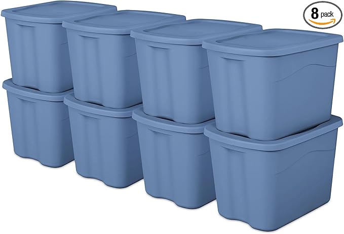 Large 18 Gallon Light Blue Plastic Storage Tote with Snap-on Lid (8 Pack), Stackable Storage Bin for Garage Basement Closet Home Organization